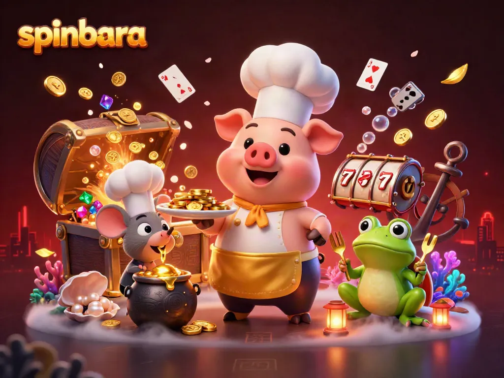 Spinbara Casino showcases a vibrant scene with pig chef serving gold coins, immersive gambling elements.