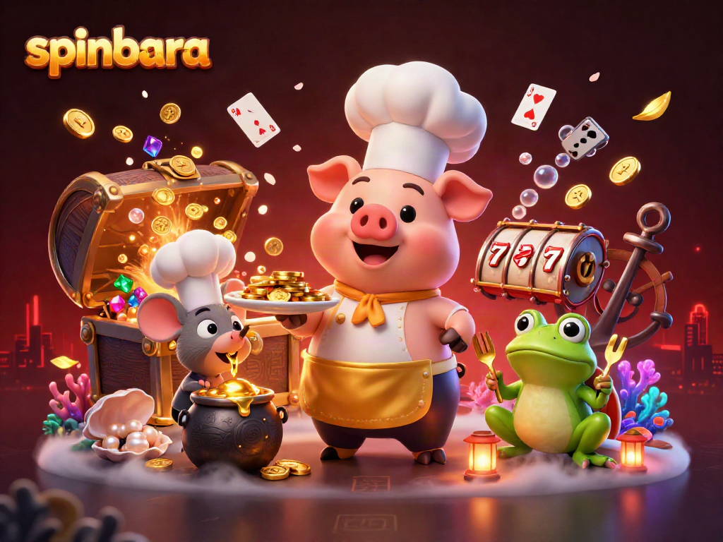 Spinbara Casino showcases a vibrant scene with pig chef serving gold coins, immersive gambling elements.