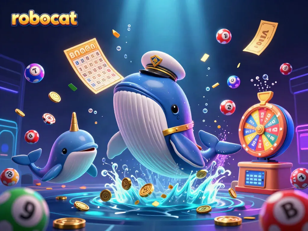 robocat engaging in a lively casino scene surrounded by colorful lottery balls and vibrant prizes