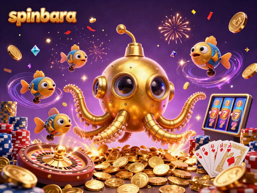 Spinbara brings excitement with a golden kraken submarine amidst coins, gems, and dynamic casino elements.