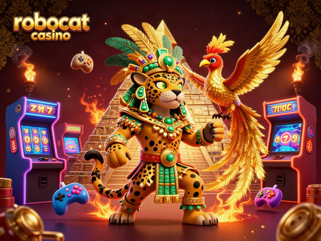 Engage with the thrill of robocat casino featuring vibrant Mayan priest and slot machines in a vibrant 3D scene.