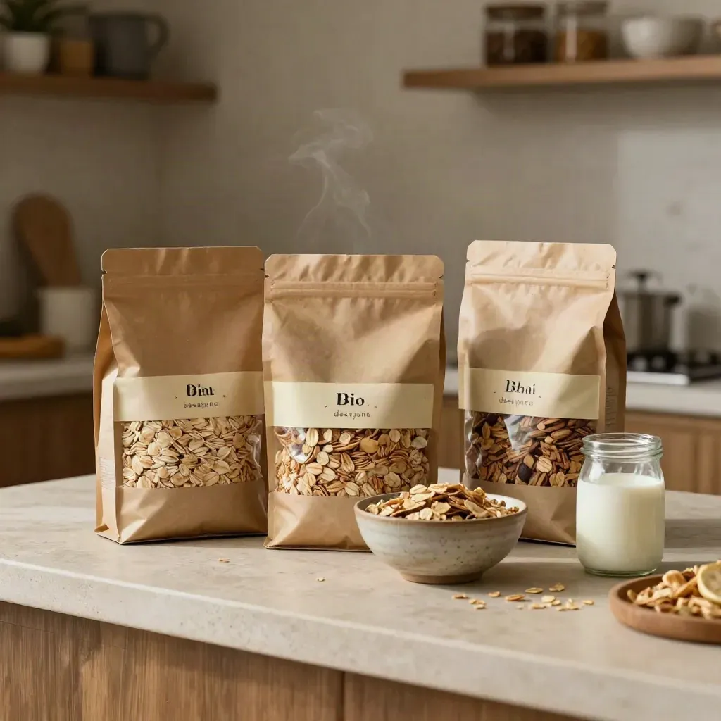 Pack de desayuno bio con tres bolsas, cuenco, leche y tarro en una cocina luminosa.