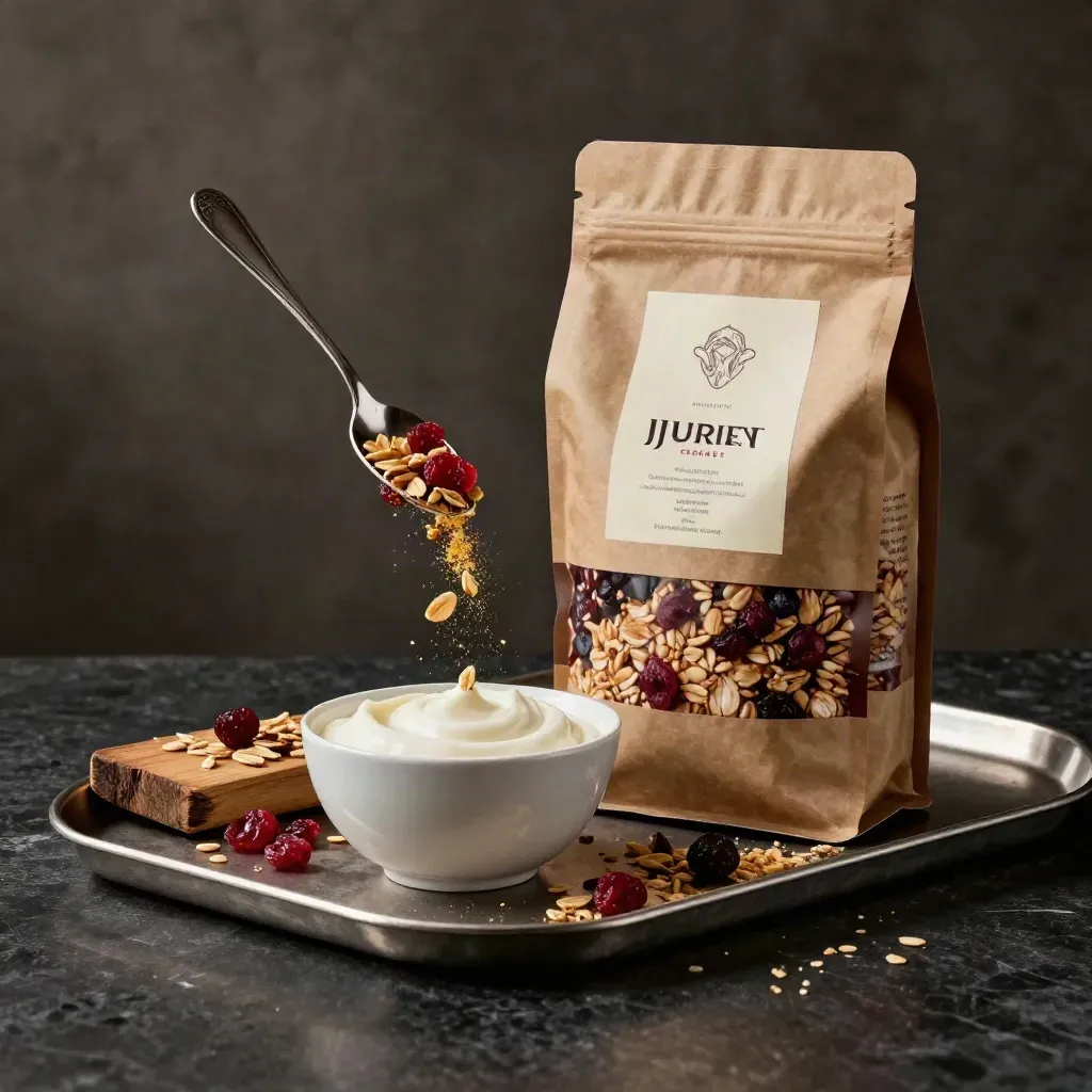 Bolsa de granola de frutos rojos, yogur espeso y cucharada en cascada sobre basalto oscuro.