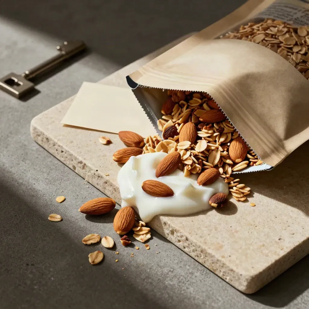 Bolsa de granola de almendra abierta sobre piedra con yogur, avena y almendras tostadas.