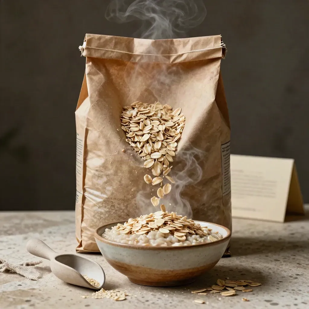 Bolsa kraft de avena gruesa con cuenco de gachas y vapor sobre piedra travertino.