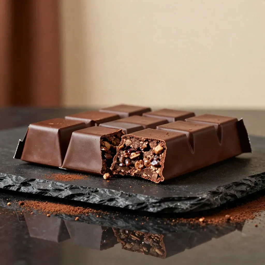 Barritas de cacao en pack sin marca, una medio fuera y otra partida sobre fondo crema.