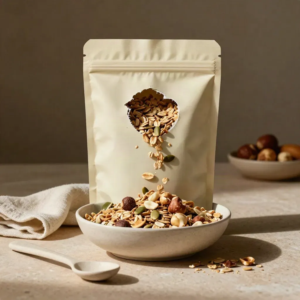 Bolsa de muesli crujiente sin gluten vertiéndose sobre un cuenco crema