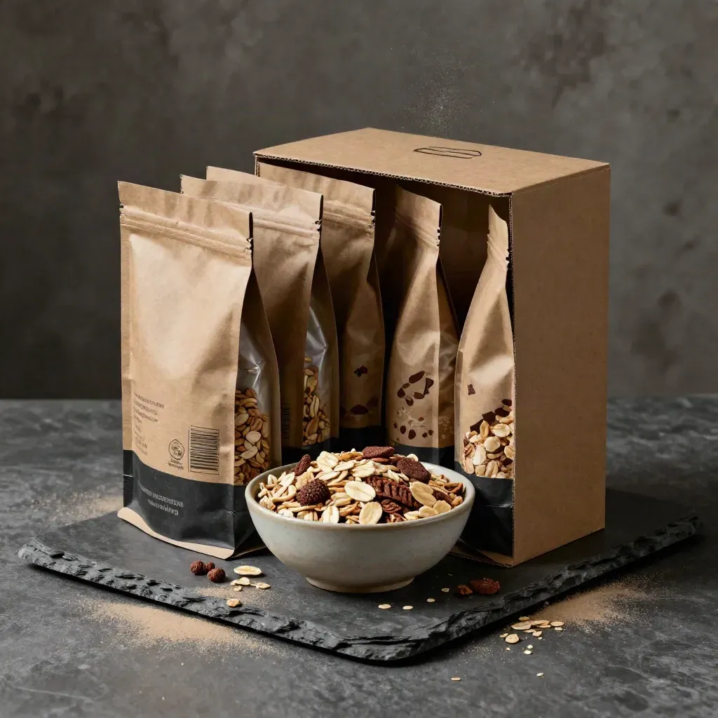 Caja familiar de cereal ecológico abierta con seis bolsas y un cuenco central sobre piedra oscura.